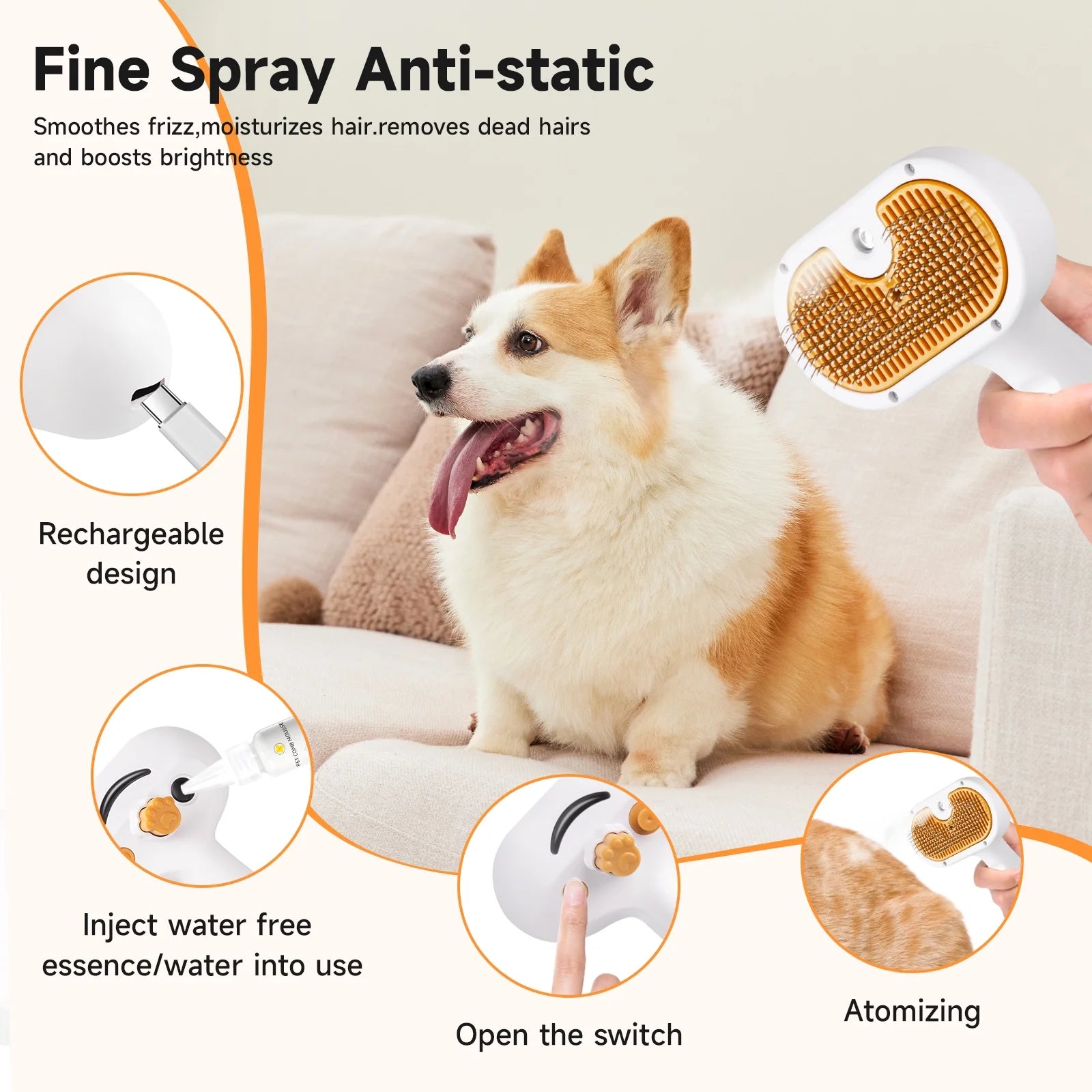 3-in-1 Pet Steam Grooming Brush – Self-Cleaning Spray Comb for Dogs & Cats