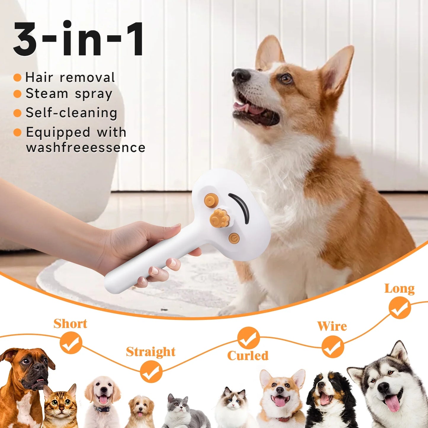3-in-1 Pet Steam Grooming Brush – Self-Cleaning Spray Comb for Dogs & Cats