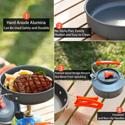 11-Piece Camping Cookware Mess Kit – Lightweight Non-Stick Pot & Pan Set with Storage Bag